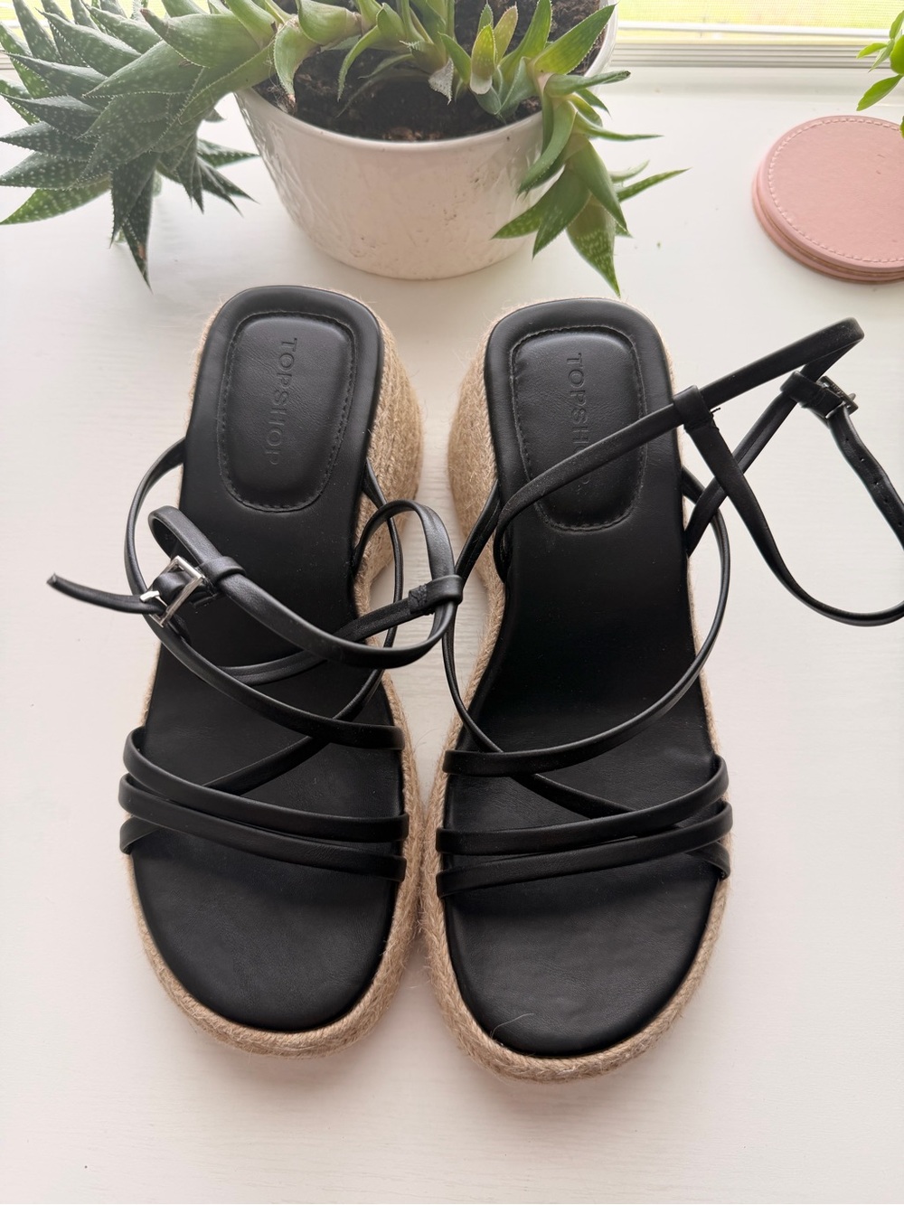 Topshop Black Strappy Espadrille Wedge Sandals